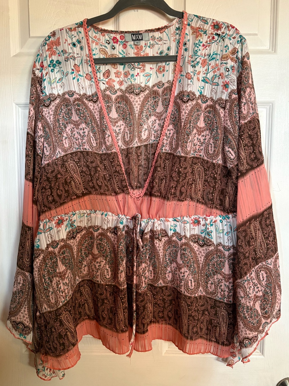MXM Floral Paisley V-Neck Tie-Front Tunic in Coral Pink and Brown